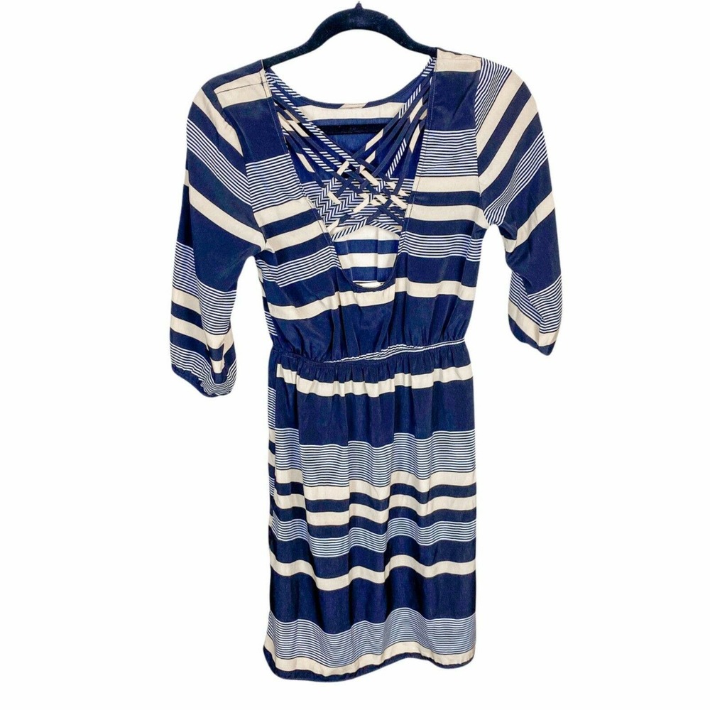 Anthropologie Needle & Thread Dress Blue Long Sleeve Gold Stripes - Picture 7 of 12